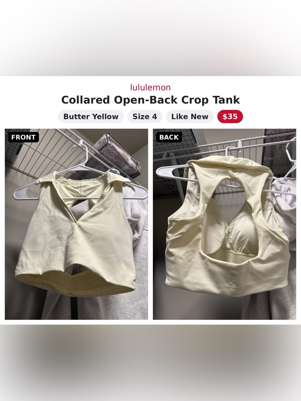 lululemon athletica Butter Yellow Collared Open-Back Crop Tank Top